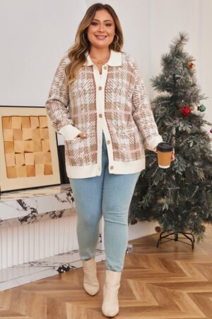 Khaki Vintage Pattern Ribbed Trim Button Front Plus Size Cardigan Sweater - Image 5