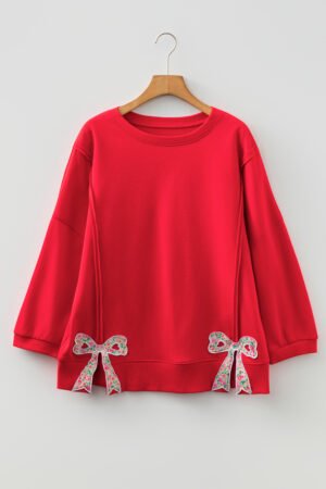 Fiery Red Floral Bow Patched Exposed Seam Patchwork Slit Baggy Sweatshirt - Image 6