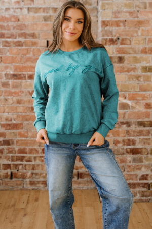 Sea Green saved by grace Letter Embroidery Mineral Wash Loose Sweatshirt - Image 13