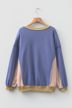 Wild Wind Color Block Mix Texture Waffle Patchwork Oversize Sweatshirt - Image 4