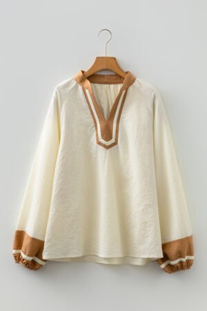 Jet Stream Color Block Patchwork Detail V Neck Textured Long Sleeve Blouse