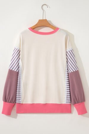 White Color Block Striped Patchwork Dolman Slit Sweatshirt - Image 7
