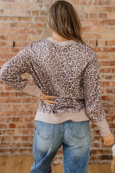 Alternative view of Khaki Leopard Print Patchwork Crew Neck Sweatshirt