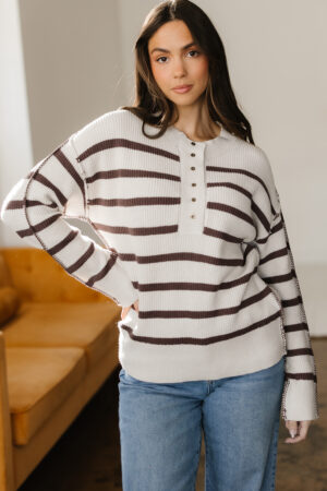 Brown Stripe Ribbed Henley Drop Shoulder Slouchy Sweater - Image 19