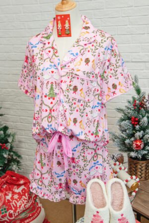 Pink Nutcracker Doll Christmas Print Ribbon Tie Waist Short 2pcs Pajama Set - Image 6