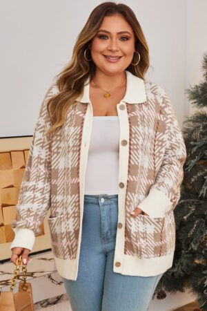 Khaki Vintage Pattern Ribbed Trim Button Front Plus Size Cardigan Sweater