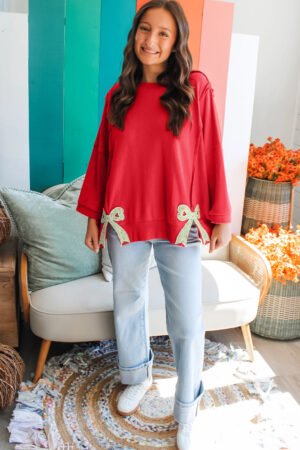 Fiery Red Floral Bow Patched Exposed Seam Patchwork Slit Baggy Sweatshirt - Image 3