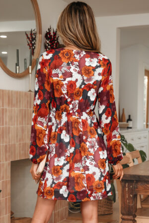 Red Floral Print Wrap V Neck Puff Sleeve Flowy Mini Dress - Image 14