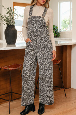 Brown Leopard Print Straight Leg Loose Denim Overall Jumpsuit - Image 16