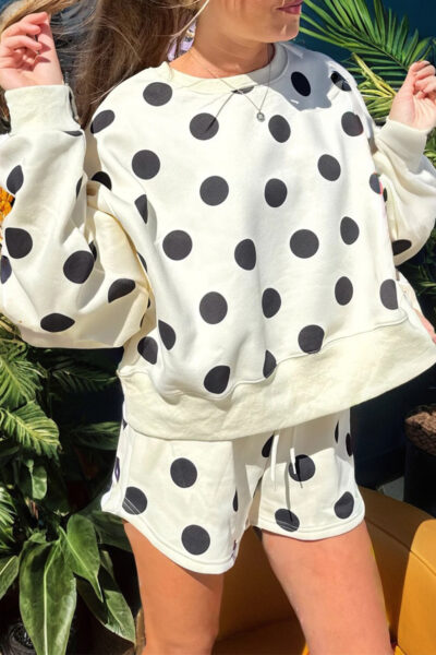 Beige Polka Dot Print Drop Shoulder Pullover Drawstring Shorts Set