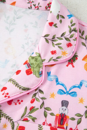 Pink Nutcracker Doll Christmas Print Ribbon Tie Waist Short 2pcs Pajama Set - Image 10