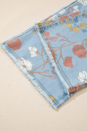 Sky Blue Floral Printed Raw Hem Shift Jeans - Image 13