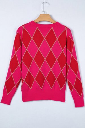 Christmas Rose Red Glitter Rhombus Pattern Knit Womens Casual Sweater - Image 4