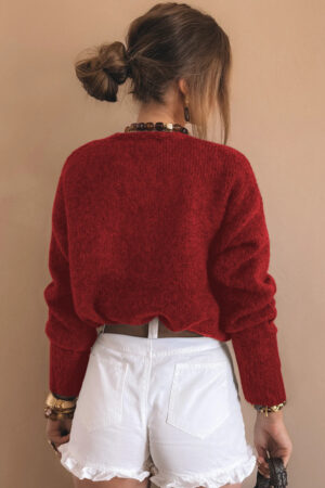 Fiery Red Heart Metal Button V Neck Cardigan Sweater - Image 8