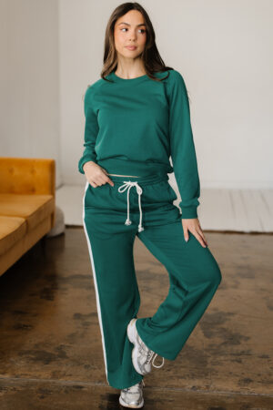 Sea Green Solid Color Pullover Top Varsity Stripe Detail Loose Drawstring Pants Set - Image 5