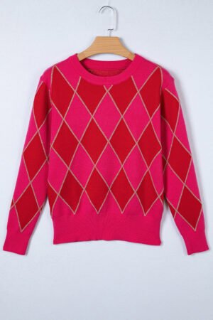 Christmas Rose Red Glitter Rhombus Pattern Knit Womens Casual Sweater - Image 3