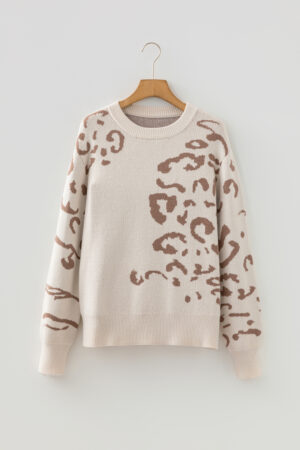 Beige Asymmetric Leopard Print Detail Drop Shoulder Sweater - Image 4