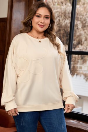 Beige Flower Patched Mineral Wash Round Neck Plus Size Top - Image 7