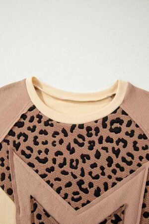 Light French Beige Leopard Star Color Block Patchwork Textured Baggy Sweatshirt - Image 7