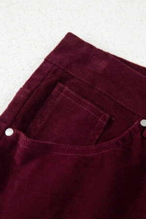 Burgundy Corduroy Solid Color High Waist Wide Leg Pants - Image 16