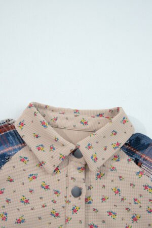Ashleigh Blue Boho Floral Plaid Patchwork Distressed Detail Ruffled Sleeve Waffle Knit Shacket - Image 10