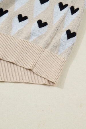 Parchment Geometric Heart Print Ribbed Trim Loose Sweater - Image 8