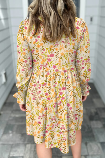 Alternative view of Yellow Floral Print Frilly Trim Smocked Cuff Long Sleeve Loose Shirt Dress