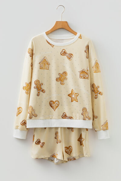 Beige Gingerbread Man Christmas Print Long Sleeve Pullover Lounge Short Set