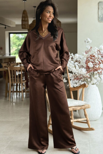 Alternative view of Dark Brown Braided V Neck Long Sleeve Loose Top and Drawstring High Waist Pants 2pcs Outfit