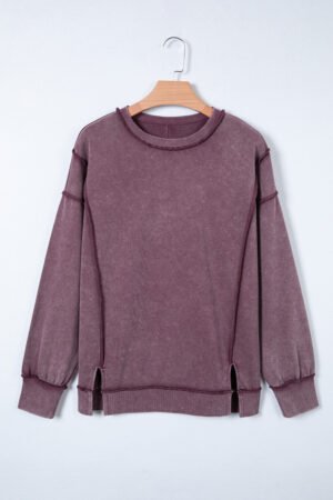 Red Sandalwood Mineral Wash Exposed Seam Side Slit Sweatshirt - Image 5