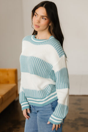 Light Blue Two Tone Striped Patchwork Drop Shoulder Loose Sweater - Image 16