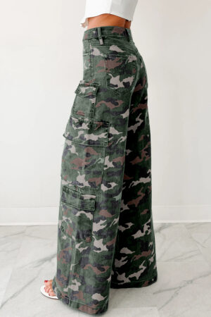 Green Camo Denim Cargo Wide Leg Pants - Image 3