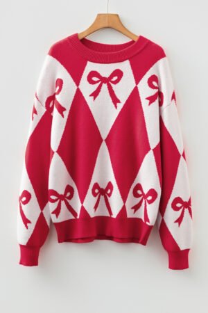 Red Bow Print 2-tone Rhombus Knit Loose Sweater - Image 11