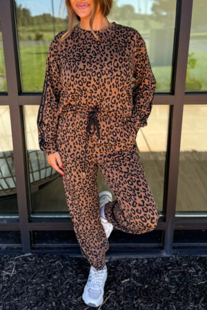 Brown Varsity Striped Trim Leopard Long Sleeve Top Drawstring Pant Set