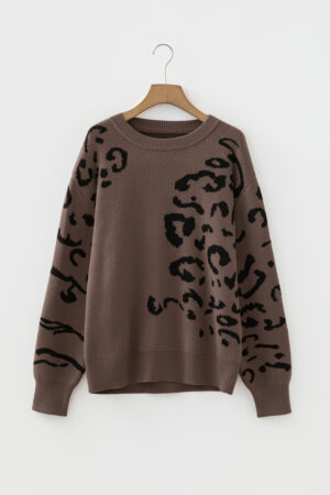 Camel Asymmetric Leopard Print Detail Drop Shoulder Sweater - Image 4