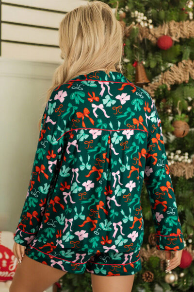 Alternative view of Green Festive Bow Print Long Sleeve Shirt and Pajama Short Set
