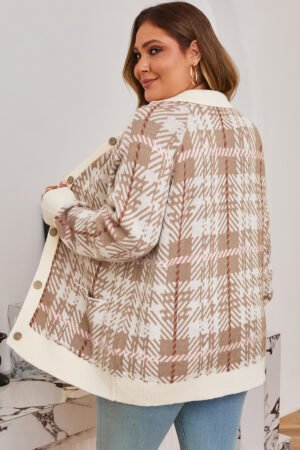 Khaki Vintage Pattern Ribbed Trim Button Front Plus Size Cardigan Sweater - Image 2