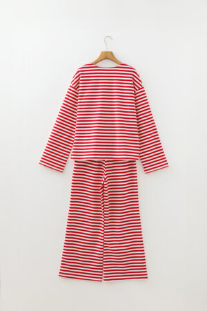 Red Stripe Drop Shoulder Long Sleeve Top Lounge Pants 2pcs Set - Image 4