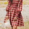Red Plaid Print Smocked Puff Sleeve Mini Dress