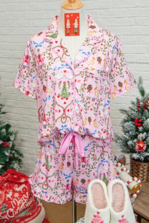 Pink Nutcracker Doll Christmas Print Ribbon Tie Waist Short 2pcs Pajama Set - Image 4