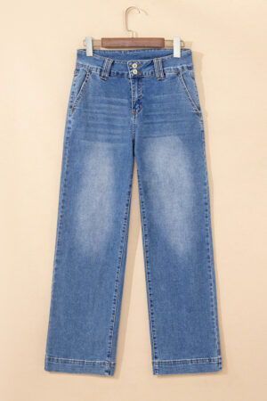 Sky Blue Double Button Zip Fly Straight Leg Jeans - Image 4