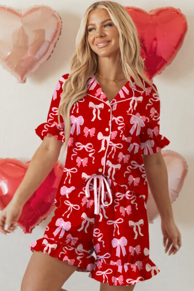 Red Sweet Bow Print Ruffled Short Sleeve Shirt Shorts 2pcs Pajama Set