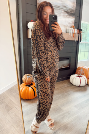Alternative view of Brown Varsity Striped Trim Leopard Long Sleeve Top Drawstring Pant Set
