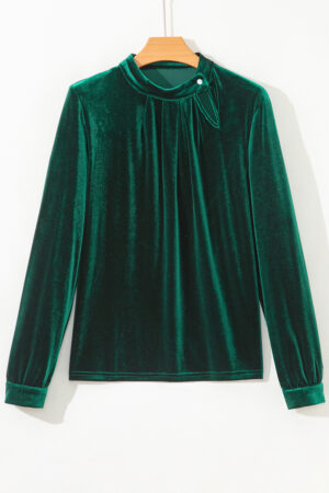 Evergreen Asymmetric Button Keyhole Neck Long Sleeve Velvet Blouse - Image 5