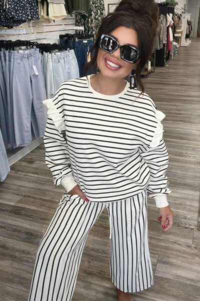 Alternative view of White Stripe Ruffle Trim Drop Shoulder Top Drawstring Loose Pant Set