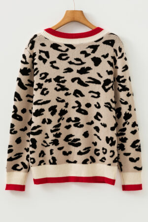 Khaki Leopard Pattern V-Neck Contrast Rib Knitted Sweater - Image 6