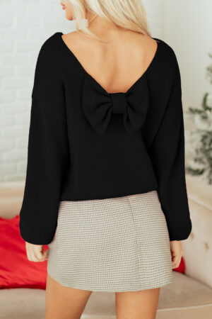 Black Festive Bow Backless Bubble Sleeve Sweater - Image 13
