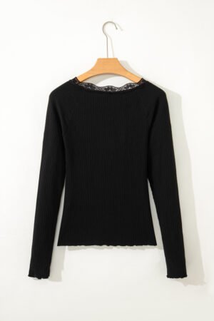 Black Lace Neckline Button Decor Lettuce Edge Long Sleeve Ribbed Top - Image 7