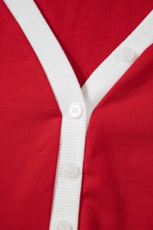 Fiery Red Contrast Trim Button V Neck Ribbon Bow Knot Waist 2pcs Lounge Pant Set - Image 6