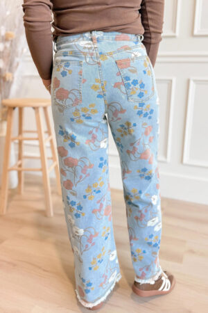 Sky Blue Floral Printed Raw Hem Shift Jeans - Image 2